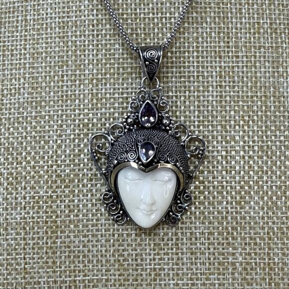 NF Carved Goddess Face Amethyst 14K Gold and 925 Sterling Silver Necklace - Picture 1 of 11